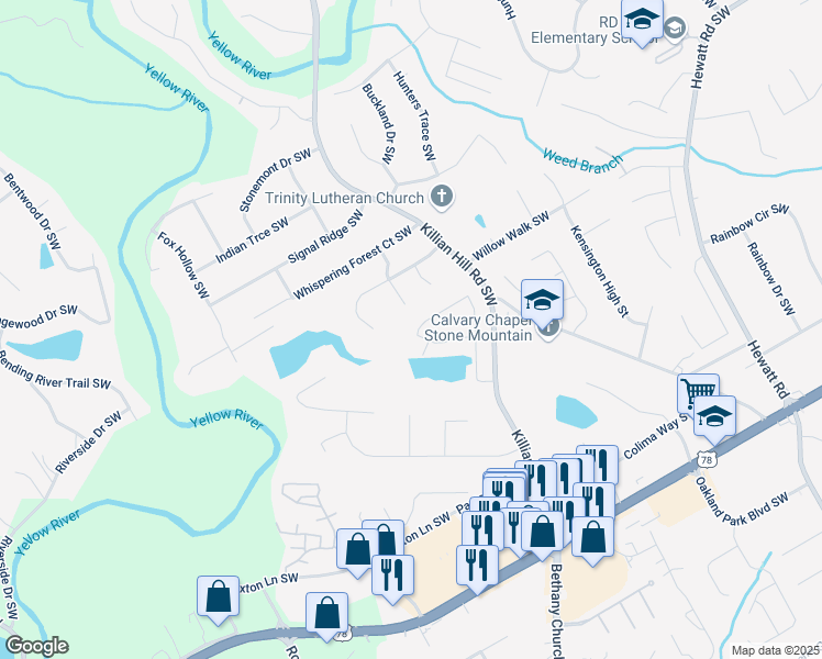 map of restaurants, bars, coffee shops, grocery stores, and more near 4343 Pond Edge Road Southwest in Snellville