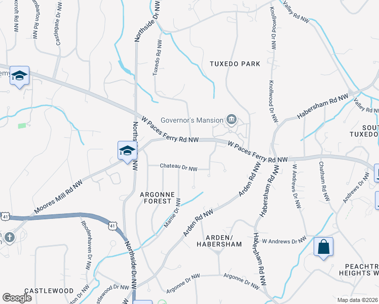 map of restaurants, bars, coffee shops, grocery stores, and more near 490 West Paces Ferry Road Northwest in Atlanta