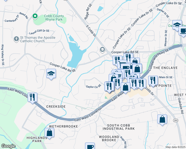 map of restaurants, bars, coffee shops, grocery stores, and more near 4413 Coopers Creek Drive Southeast in Smyrna