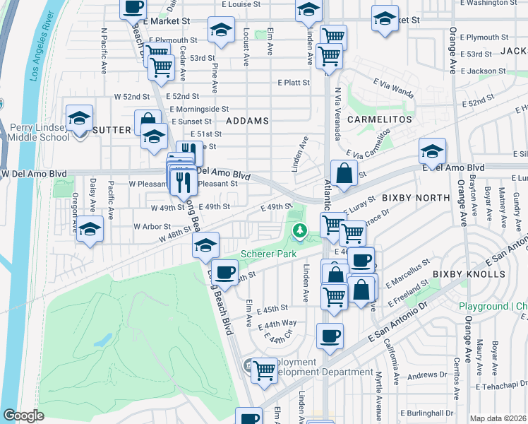 map of restaurants, bars, coffee shops, grocery stores, and more near 352 East 49th Street in Long Beach