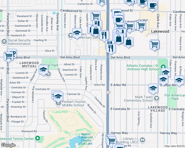 map of restaurants, bars, coffee shops, grocery stores, and more near 4748 Oliva Avenue in Lakewood