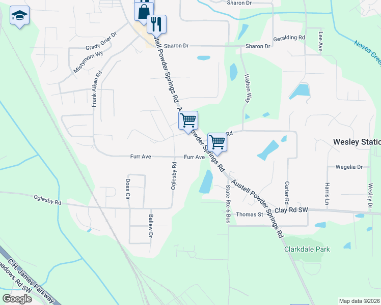 map of restaurants, bars, coffee shops, grocery stores, and more near 3862 Furr Avenue in Powder Springs