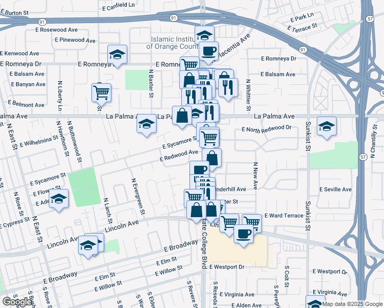 map of restaurants, bars, coffee shops, grocery stores, and more near 1926 East Redwood Avenue in Anaheim