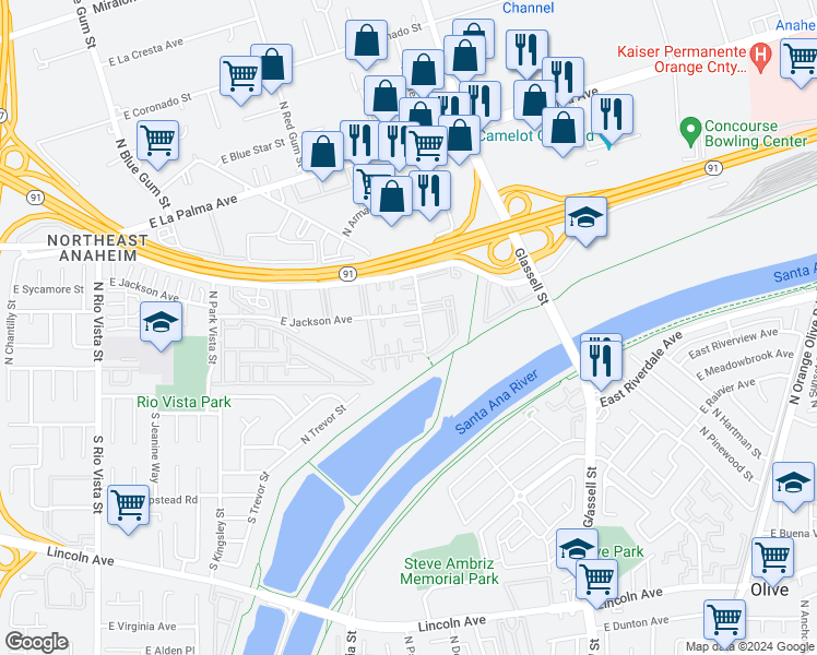 map of restaurants, bars, coffee shops, grocery stores, and more near 3004 East Vía Siena in Anaheim