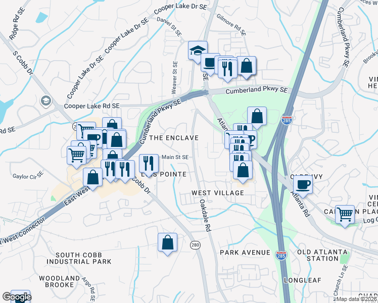 map of restaurants, bars, coffee shops, grocery stores, and more near 4500 Oakdale Road in Smyrna