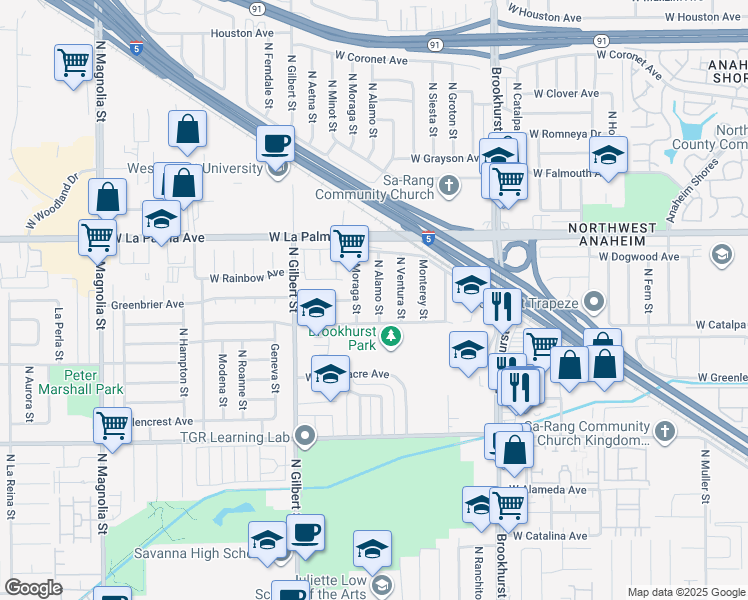 map of restaurants, bars, coffee shops, grocery stores, and more near 931 North Alamo Street in Anaheim