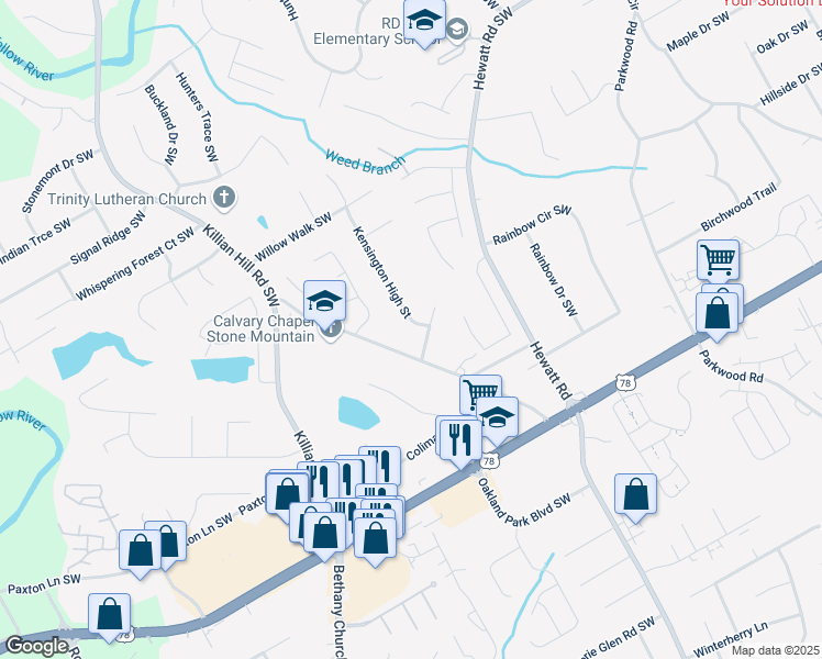 map of restaurants, bars, coffee shops, grocery stores, and more near 2027 Kensington High Street in Lilburn