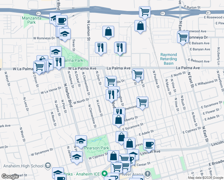 map of restaurants, bars, coffee shops, grocery stores, and more near 806 North Anaheim Boulevard in Anaheim