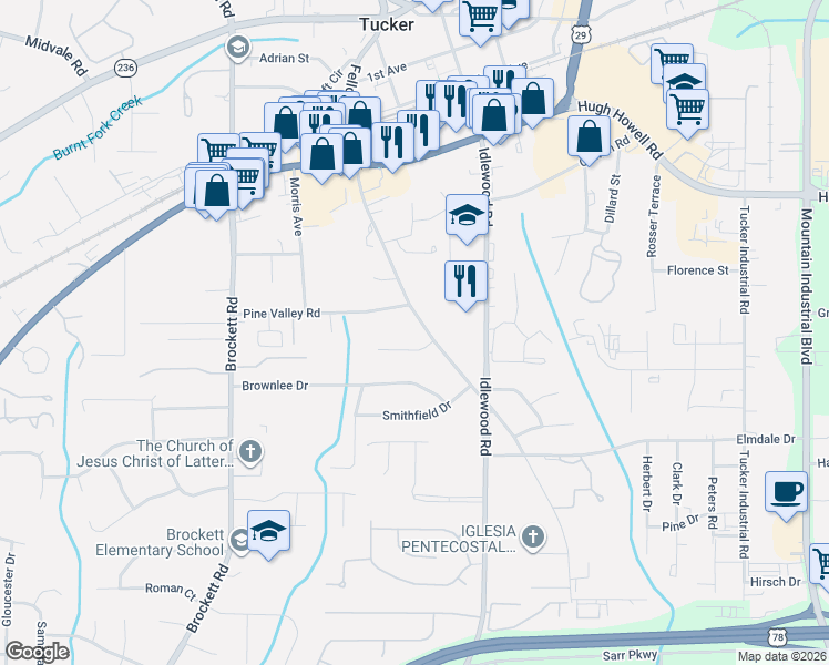 map of restaurants, bars, coffee shops, grocery stores, and more near 2066 Fellowship Road in Tucker