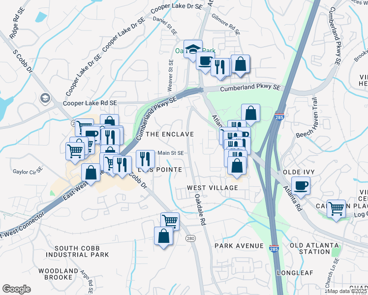map of restaurants, bars, coffee shops, grocery stores, and more near 4500 Oakdale Road in Smyrna