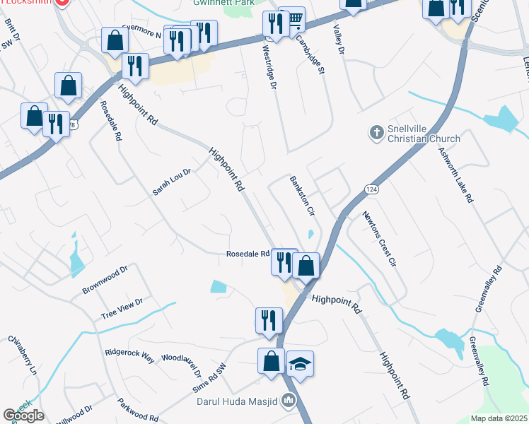 map of restaurants, bars, coffee shops, grocery stores, and more near 2500 Highpoint Road in Snellville