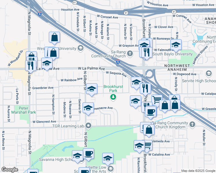 map of restaurants, bars, coffee shops, grocery stores, and more near 931 North Alamo Street in Anaheim