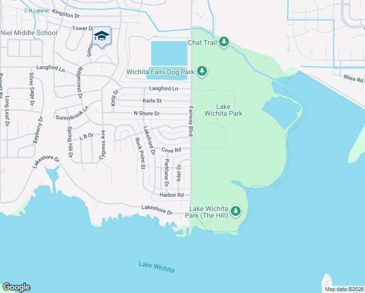 map of restaurants, bars, coffee shops, grocery stores, and more near 4604 Cove Road in Wichita Falls