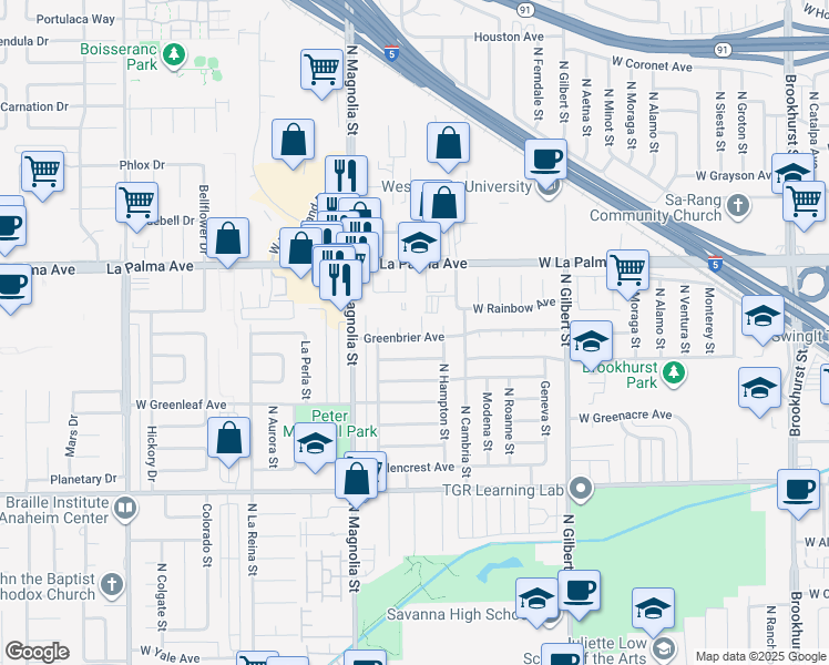map of restaurants, bars, coffee shops, grocery stores, and more near 1001 North Haron Street in Anaheim