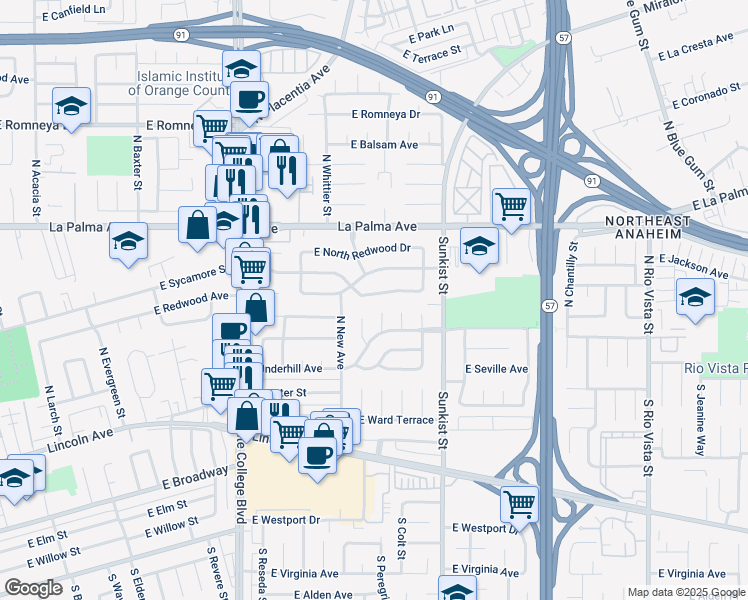 map of restaurants, bars, coffee shops, grocery stores, and more near 2324 East South Redwood Drive in Anaheim