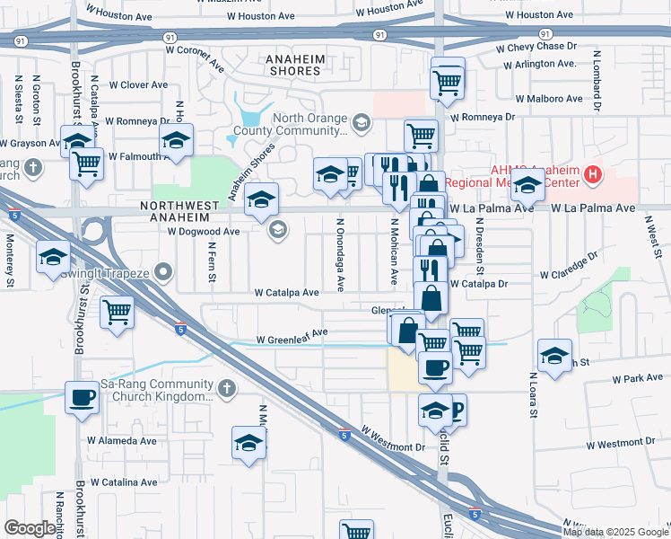 map of restaurants, bars, coffee shops, grocery stores, and more near 919 North Onondaga Avenue in Anaheim