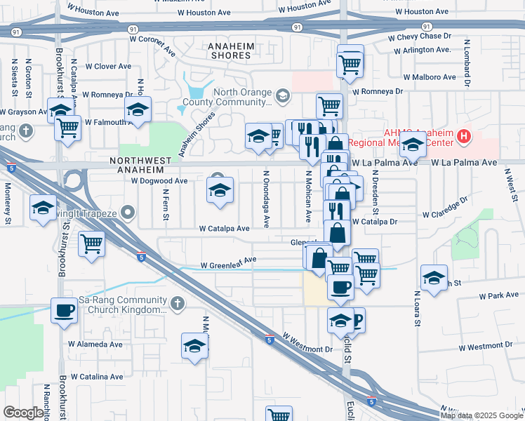 map of restaurants, bars, coffee shops, grocery stores, and more near 919 North Onondaga Avenue in Anaheim