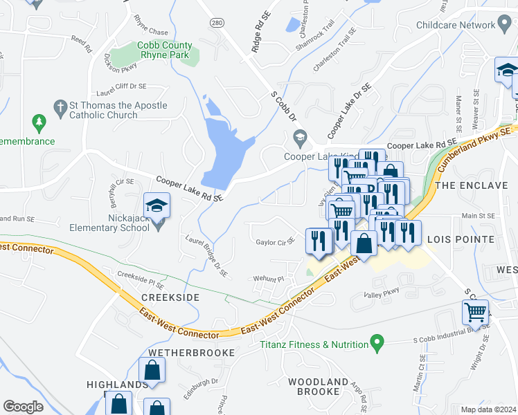 map of restaurants, bars, coffee shops, grocery stores, and more near 4427 Coopers Creek Drive Southeast in Smyrna