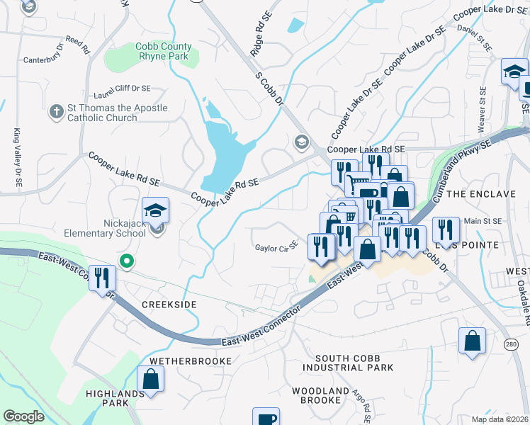 map of restaurants, bars, coffee shops, grocery stores, and more near 4421 Coopers Creek Drive Southeast in Smyrna