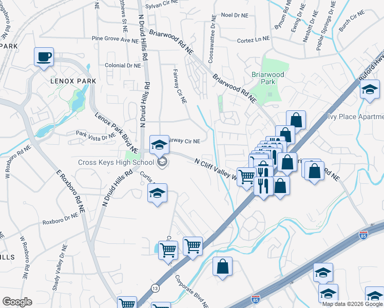 map of restaurants, bars, coffee shops, grocery stores, and more near 1324 North Cliff Valley Way Northeast in Atlanta