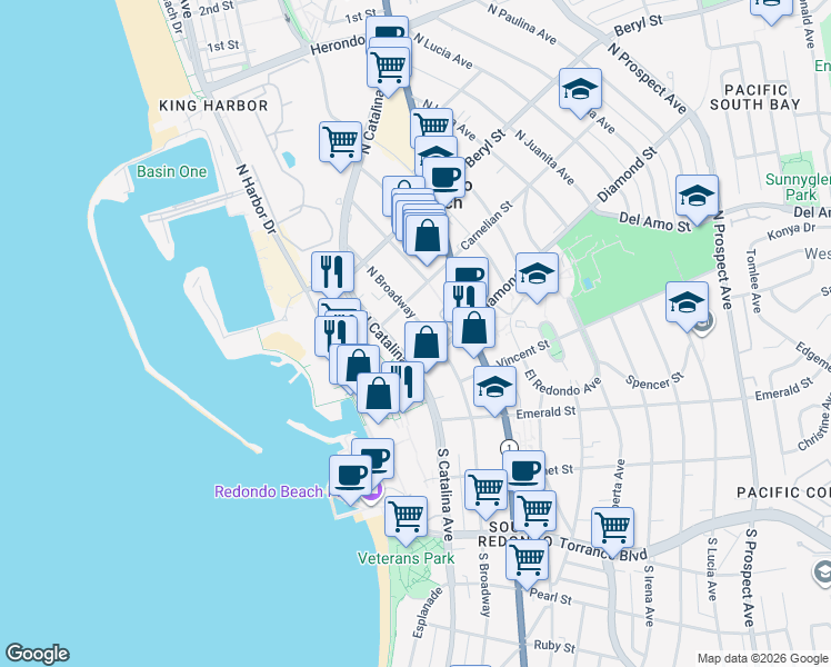 map of restaurants, bars, coffee shops, grocery stores, and more near 317 North Broadway in Redondo Beach
