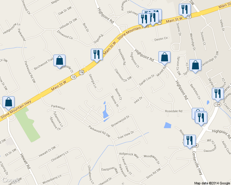map of restaurants, bars, coffee shops, grocery stores, and more near 2295 Boone Ct in Snellville