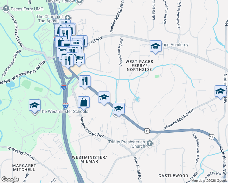 map of restaurants, bars, coffee shops, grocery stores, and more near 3272 Pinestream Road Northwest in Atlanta