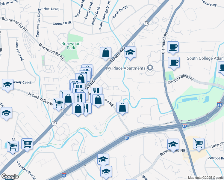 map of restaurants, bars, coffee shops, grocery stores, and more near 1615 Trailview Way Northeast in Atlanta