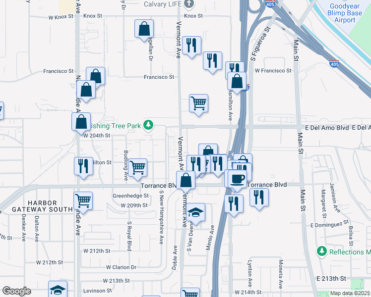 map of restaurants, bars, coffee shops, grocery stores, and more near 20516 Vermont Avenue in Torrance