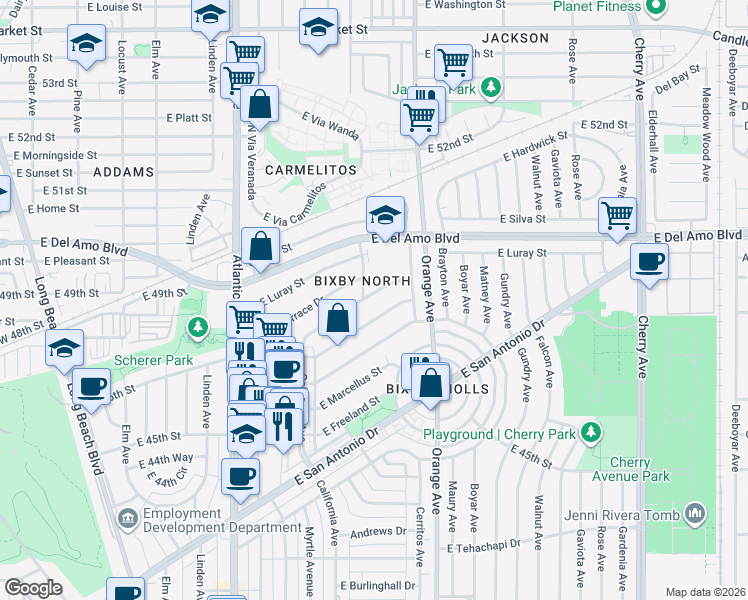 map of restaurants, bars, coffee shops, grocery stores, and more near 1112 East Ridgewood Street in Long Beach