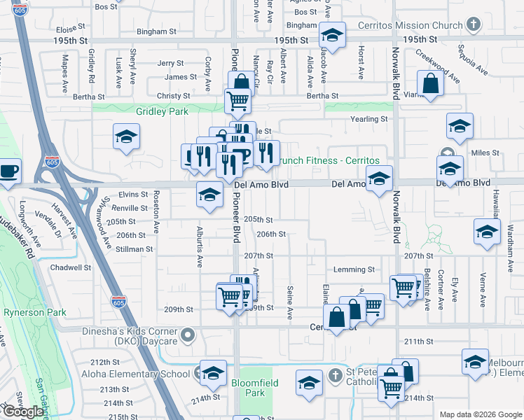 map of restaurants, bars, coffee shops, grocery stores, and more near 20413 Clarkdale Avenue in Lakewood