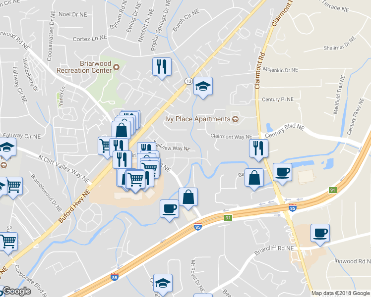 map of restaurants, bars, coffee shops, grocery stores, and more near 1633 Trailview Way Northeast in Atlanta