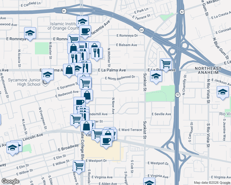 map of restaurants, bars, coffee shops, grocery stores, and more near 327 North New Avenue in Anaheim