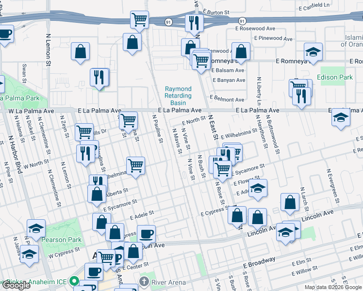 map of restaurants, bars, coffee shops, grocery stores, and more near 710 North Vine Street in Anaheim