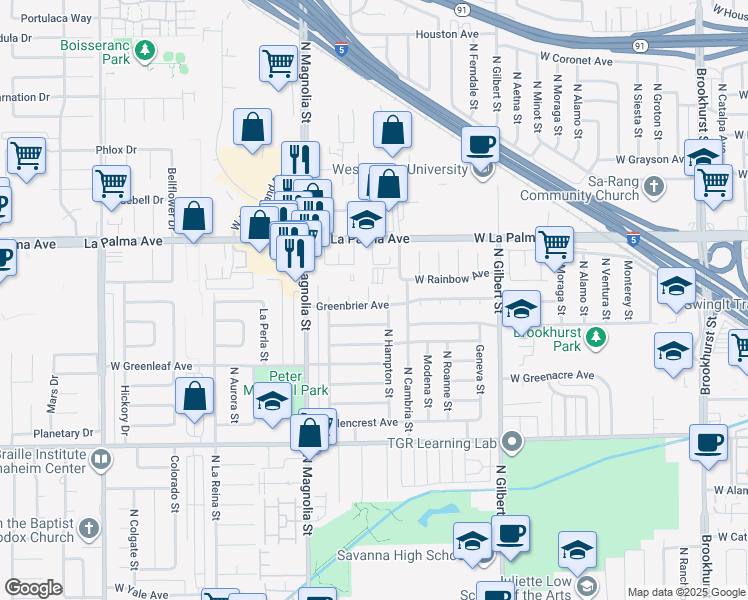 map of restaurants, bars, coffee shops, grocery stores, and more near 1001 North Haron Street in Anaheim