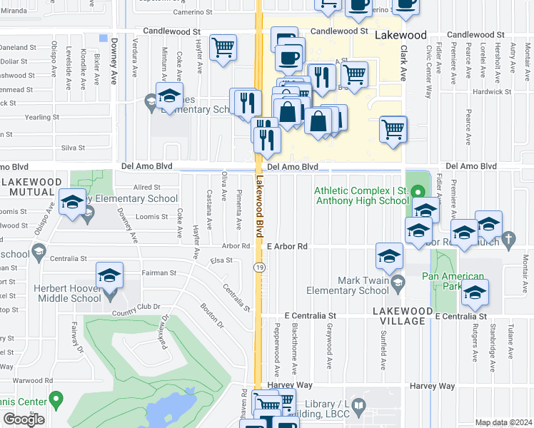 map of restaurants, bars, coffee shops, grocery stores, and more near 4747 Pepperwood Avenue in Long Beach