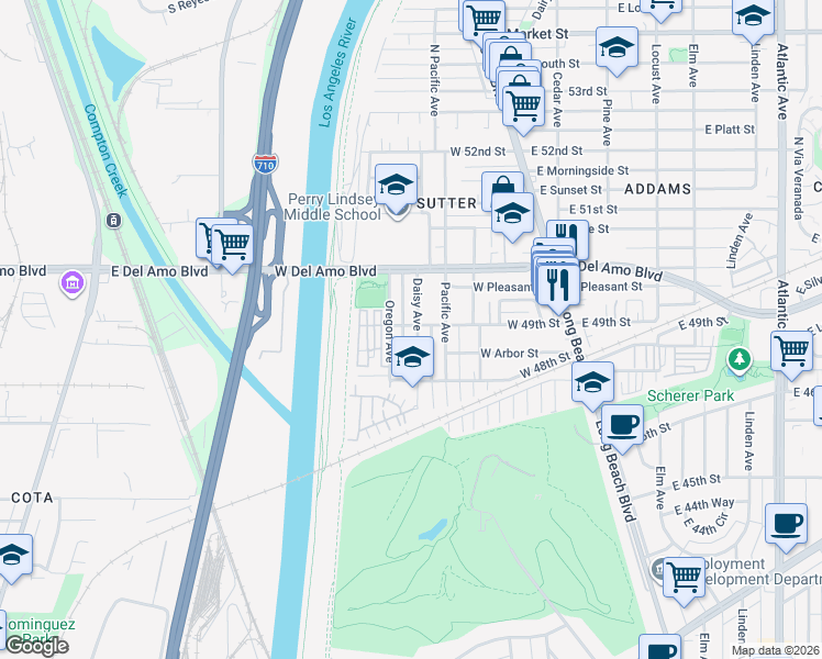 map of restaurants, bars, coffee shops, grocery stores, and more near 4886 Oregon Avenue in Long Beach