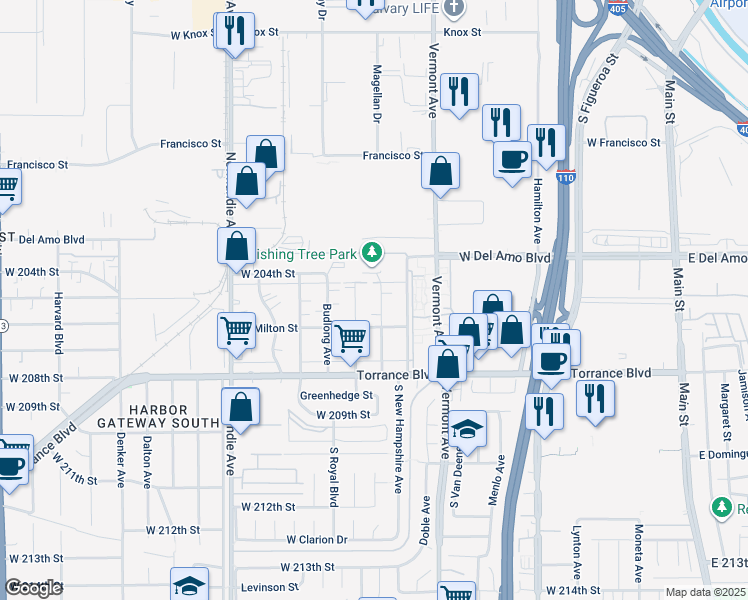 map of restaurants, bars, coffee shops, grocery stores, and more near 20507 Berendo Avenue in Torrance