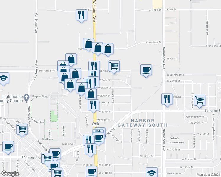 map of restaurants, bars, coffee shops, grocery stores, and more near 20502 Harvard Boulevard in Torrance
