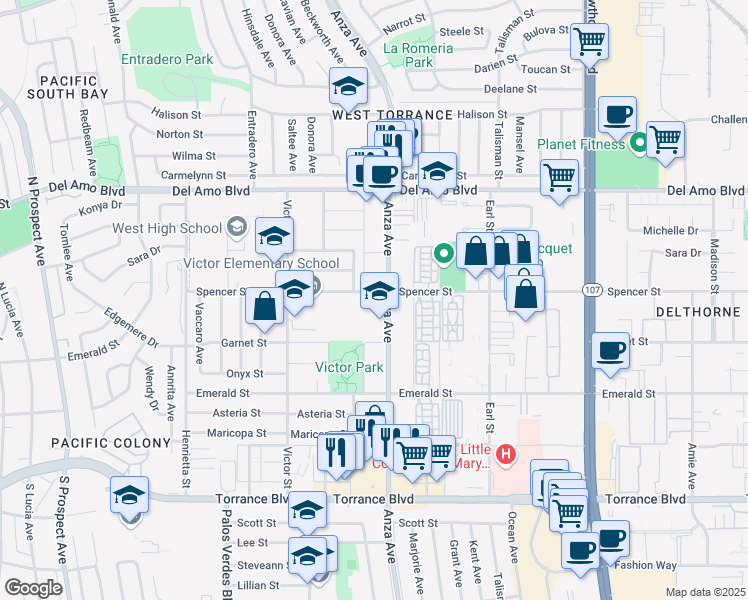 map of restaurants, bars, coffee shops, grocery stores, and more near 20501 Anza Avenue in Torrance