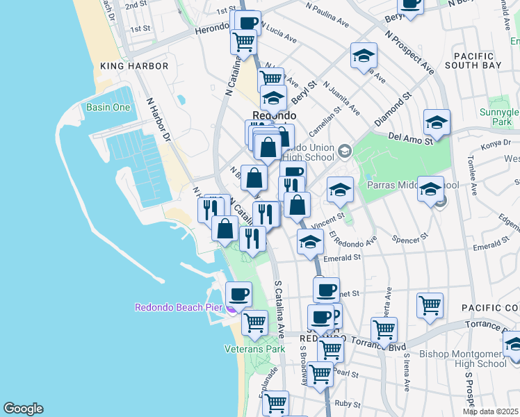map of restaurants, bars, coffee shops, grocery stores, and more near in Redondo Beach
