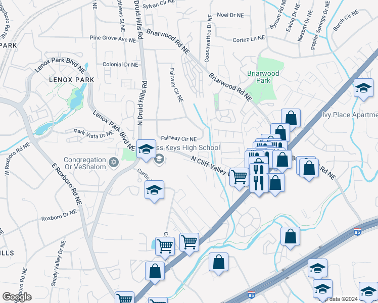 map of restaurants, bars, coffee shops, grocery stores, and more near 1338 North Cliff Valley Way Northeast in Atlanta