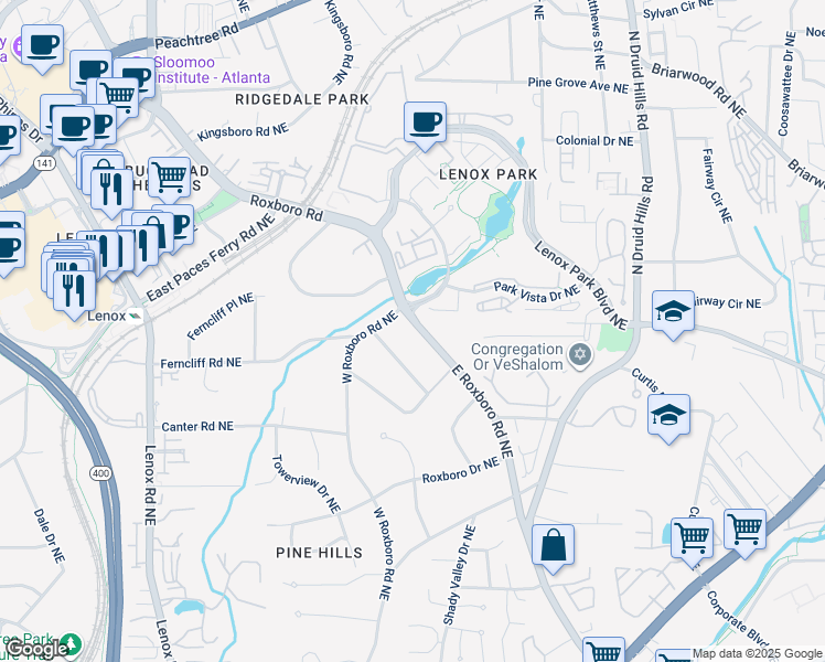 map of restaurants, bars, coffee shops, grocery stores, and more near 2110 East Roxboro Road Northeast in Atlanta