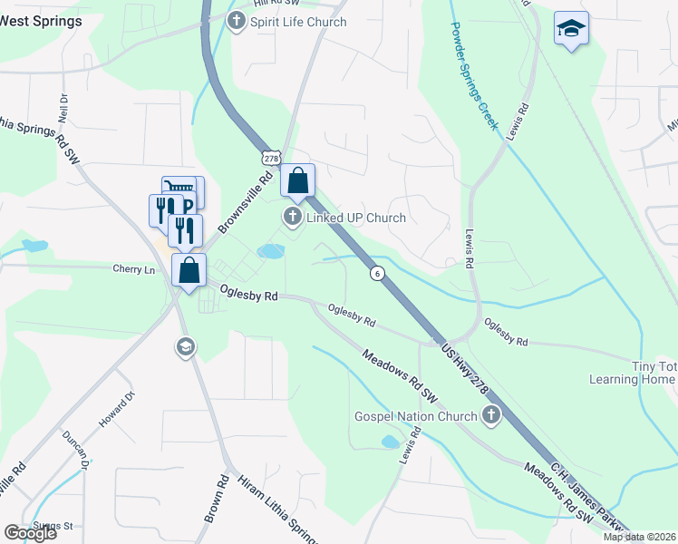 map of restaurants, bars, coffee shops, grocery stores, and more near 4504 Caleb Crossing in Powder Springs