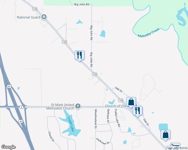 map of restaurants, bars, coffee shops, grocery stores, and more near 529 Mississippi 145 in Aberdeen