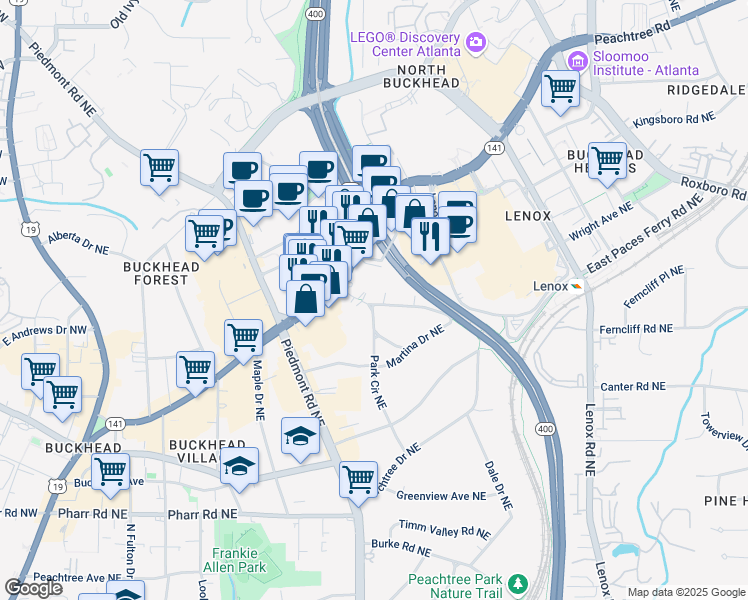 map of restaurants, bars, coffee shops, grocery stores, and more near 32 Highland Drive Northeast in Atlanta