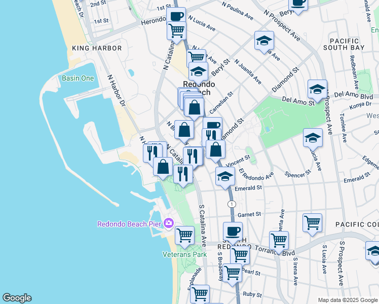 map of restaurants, bars, coffee shops, grocery stores, and more near 317 North Broadway in Redondo Beach
