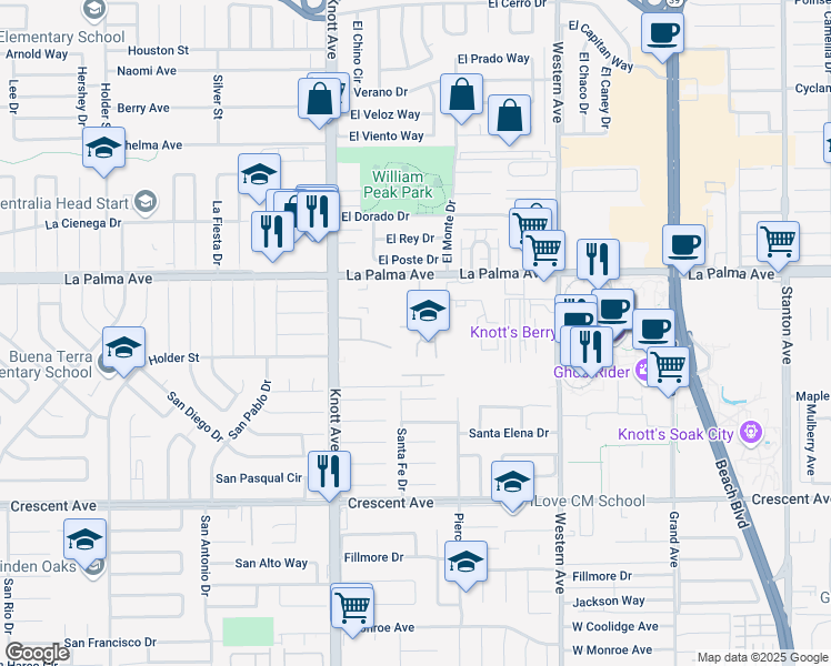 map of restaurants, bars, coffee shops, grocery stores, and more near 8241 Santa Inez Way in Buena Park