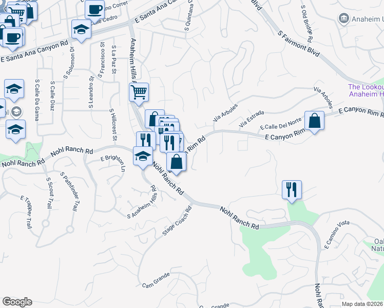 map of restaurants, bars, coffee shops, grocery stores, and more near 515 South Ranch View Circle in Anaheim