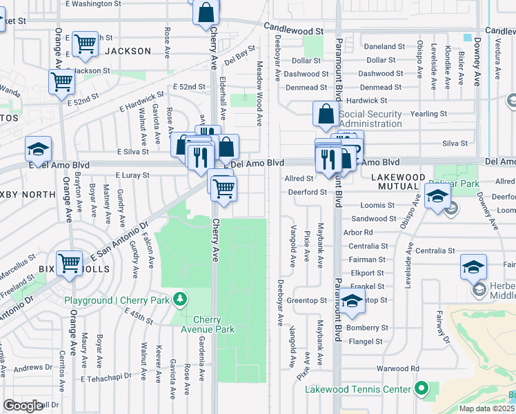 map of restaurants, bars, coffee shops, grocery stores, and more near 4700 Clair Del Avenue in Long Beach